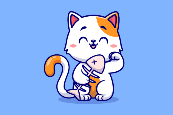 Download Cute Cat Holding Fishbone Cartoon - Fishbone Collection